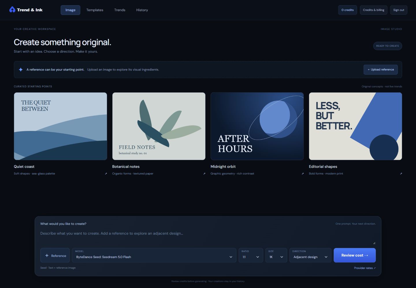Actual Trend & Ink workspace showing original curated artwork, image model selection, reference controls and the prompt composer